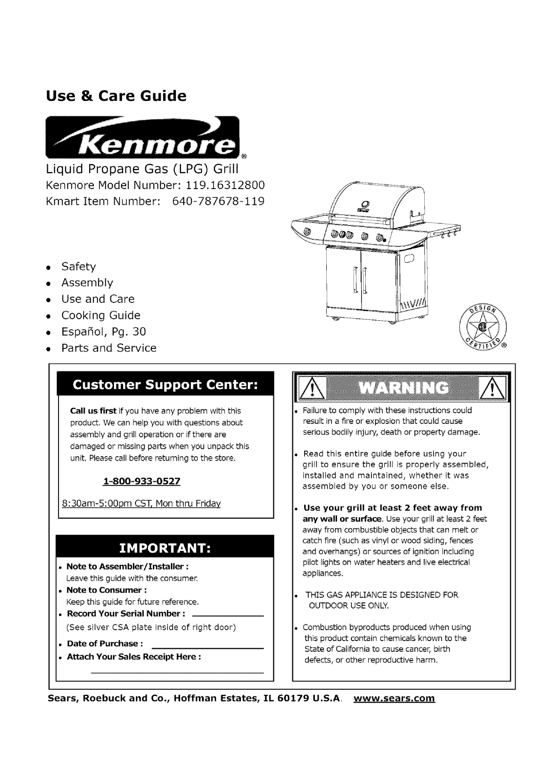 Kenmore 119.16312800 manual Liquid Propane Gas LPG Grill, Record Your Serial Number, Date of Purchase 