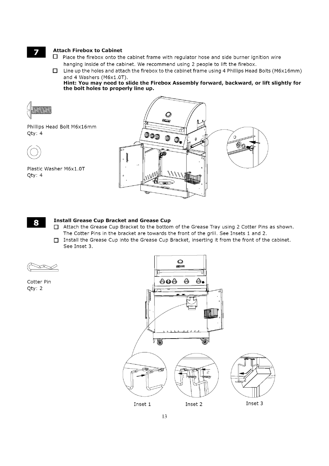 Kenmore 119.16312800 manual AttachFireboxto Cabinet, Install Grease Cup Bracket and Grease Cup 