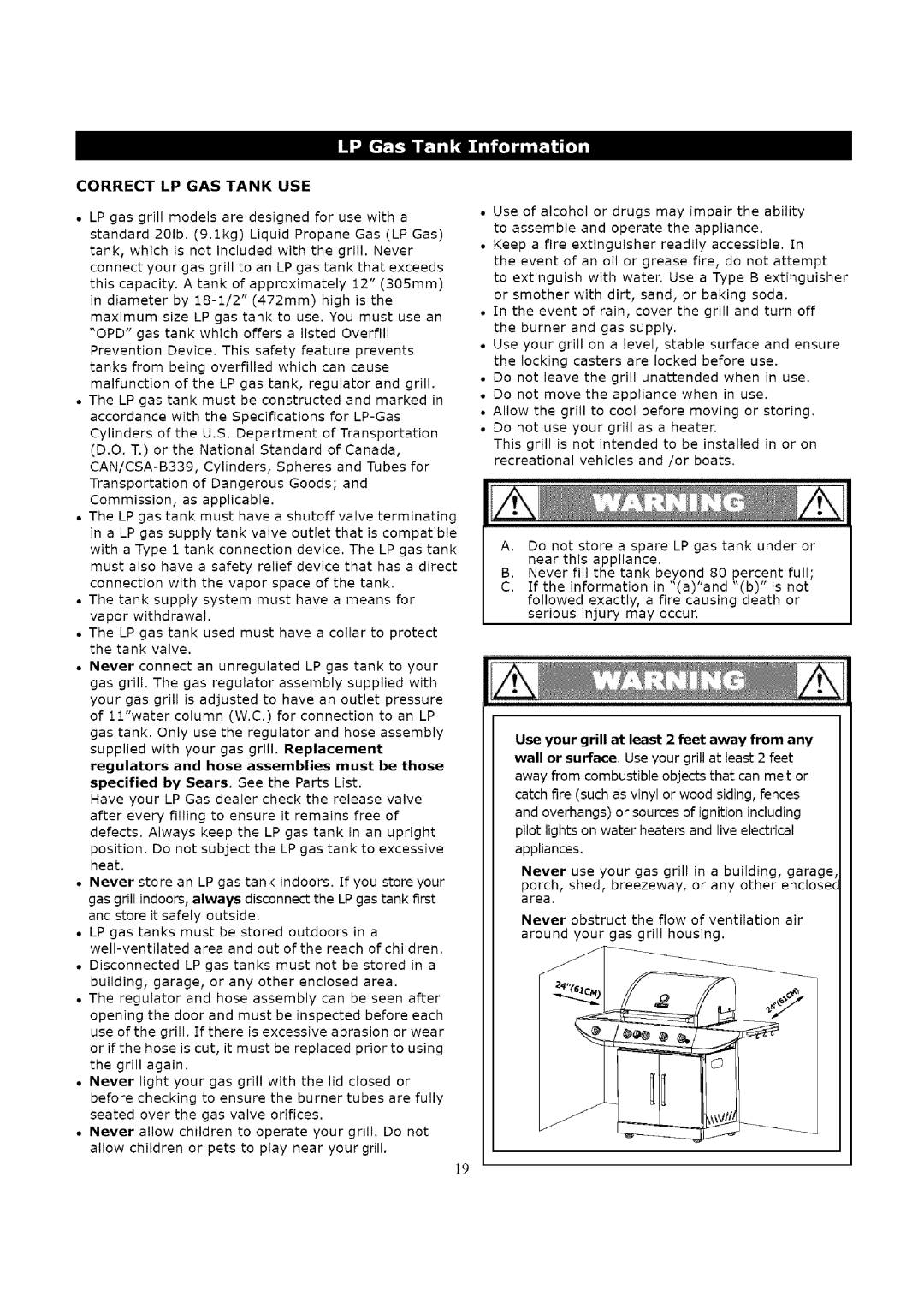 Kenmore 119.16312800 manual Correct LP GAS Tank USE, Use your grill at least 2 feet away from any 