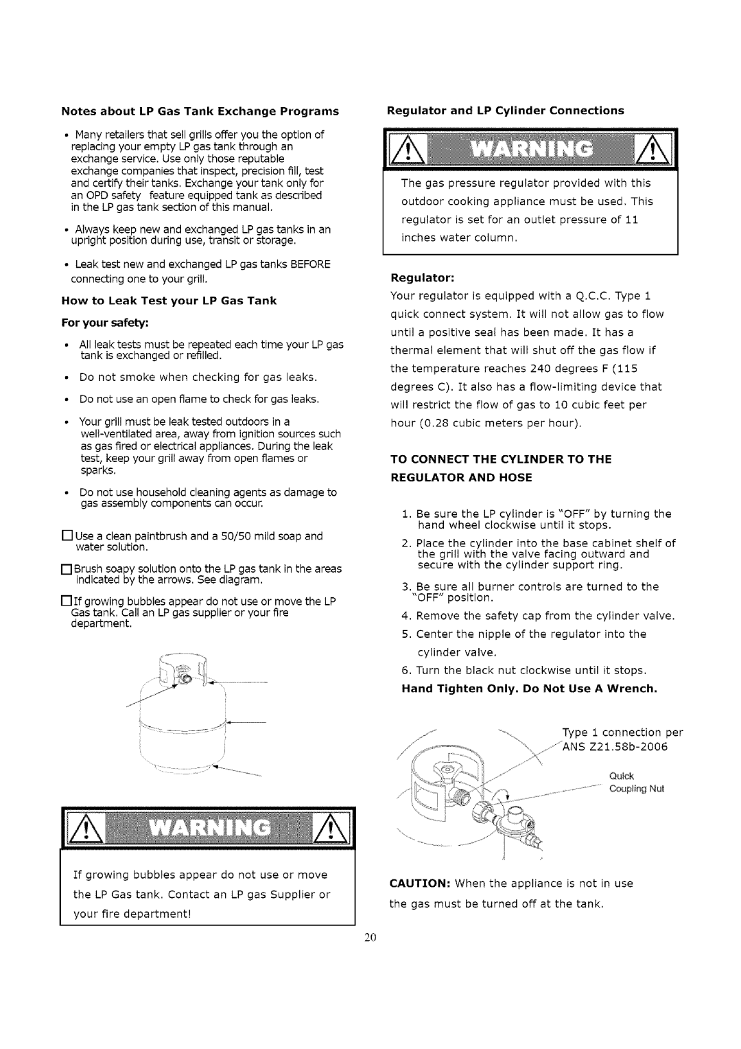 Kenmore 119.16312800 manual How to Leak Test your LP Gas Tank For your safety, Regulator and LP Cylinder Connections 