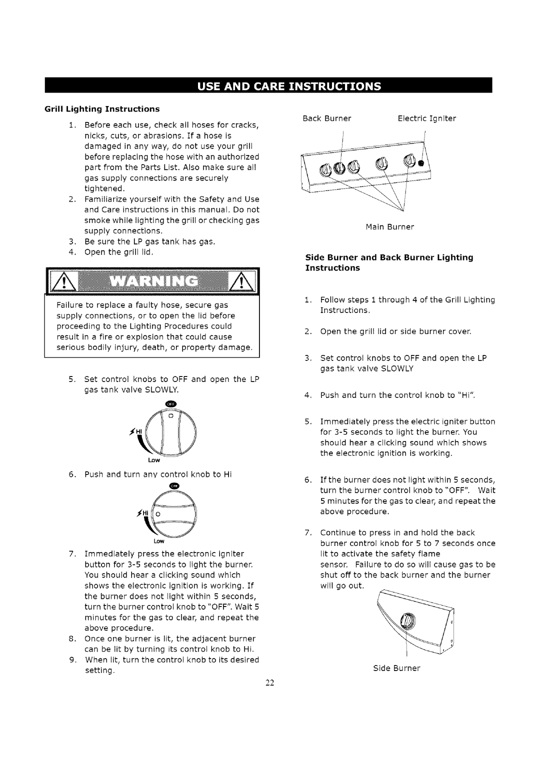 Kenmore 119.16312800 manual Grill Lighting Instructions, Side Burner and Back Burner Lighting Instructions 