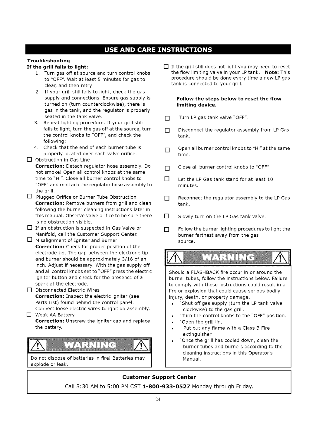 Kenmore 119.16312800 manual Troubleshooting If the grill fails to light, Follow the steps below to reset the flow 