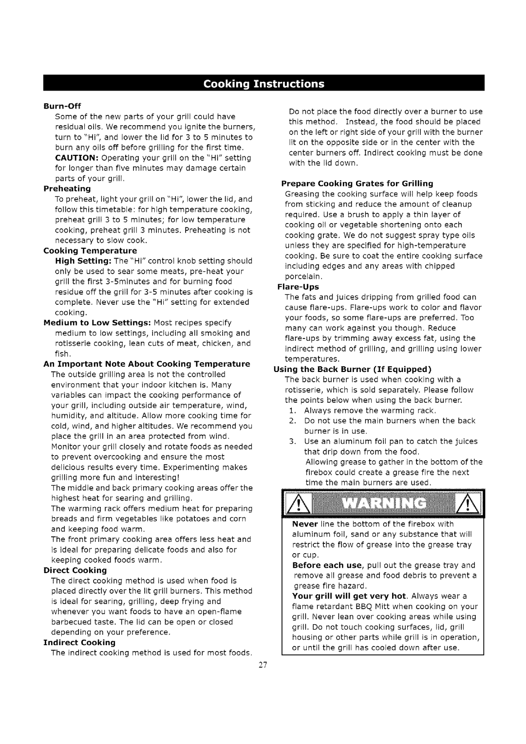 Kenmore 119.16312800 Burn-Off, Preheating, An Important Note About Cooking Temperature, Direct Cooking, Flare-Ups 