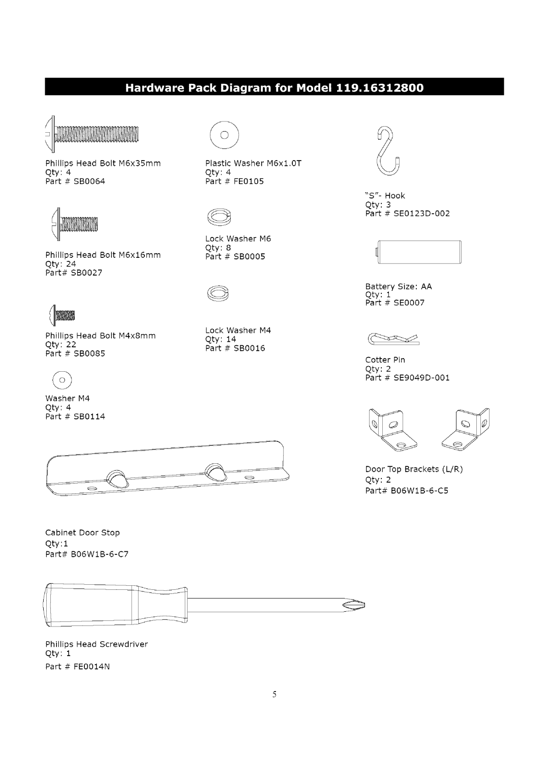 Kenmore 119.16312800 manual Qty Part # SE0123D-002 