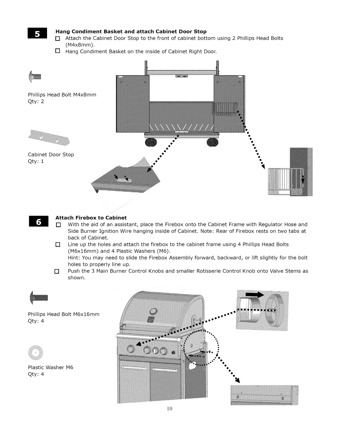 Kenmore 119.1643301 manual Hang Condiment Basket and attach Cabinet Door Stop, Attach Firebox to Cabinet 