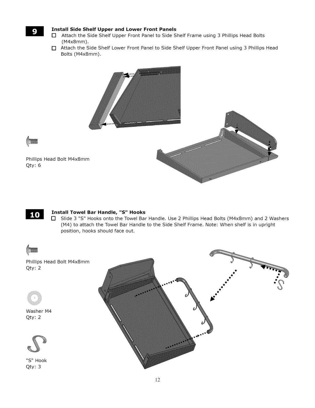 Kenmore 119.1643301 manual Install Side Shelf Upper and Lower Front Panels, IlInstall Towel Bar Handle, S Hooks 