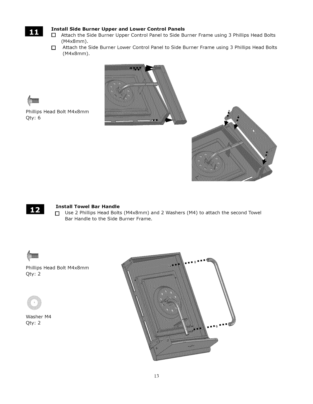 Kenmore 119.1643301 manual Znstall Side Burner Upper and Lower Control Panels, Znstall Towel Bar Handle 