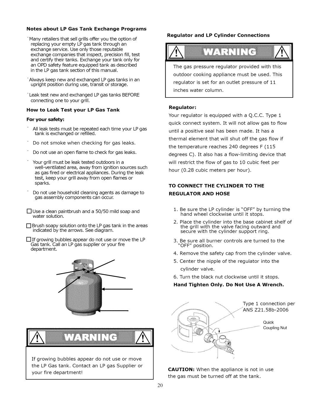 Kenmore 119.1643301 manual Regulator and LP Cylinder Connections, Hand Tighten Only, Do Not Use a Wrench 