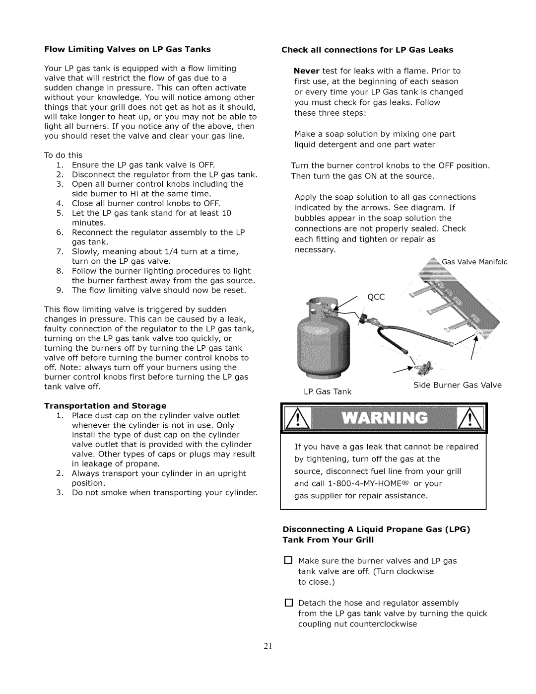 Kenmore 119.1643301 manual Flow Limiting Valves on LP Gas Tanks, Check all connections for LP Gas Leaks 