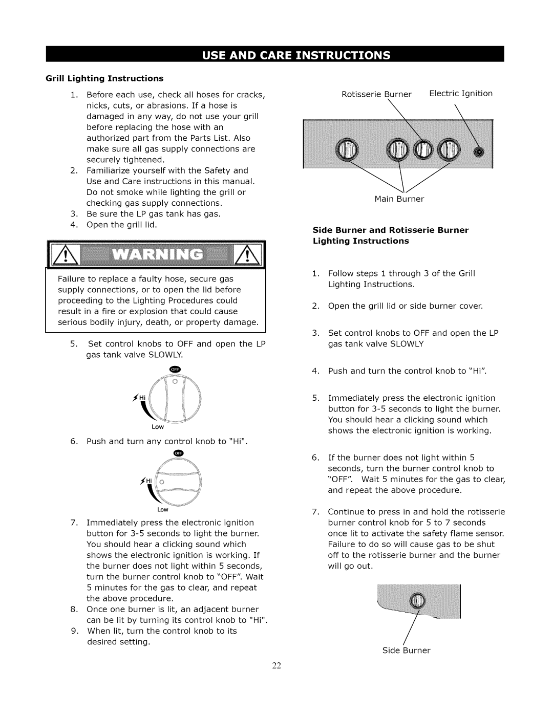 Kenmore 119.1643301 manual Grill Lighting Instructions, Side Burner and Rotisserie Burner 