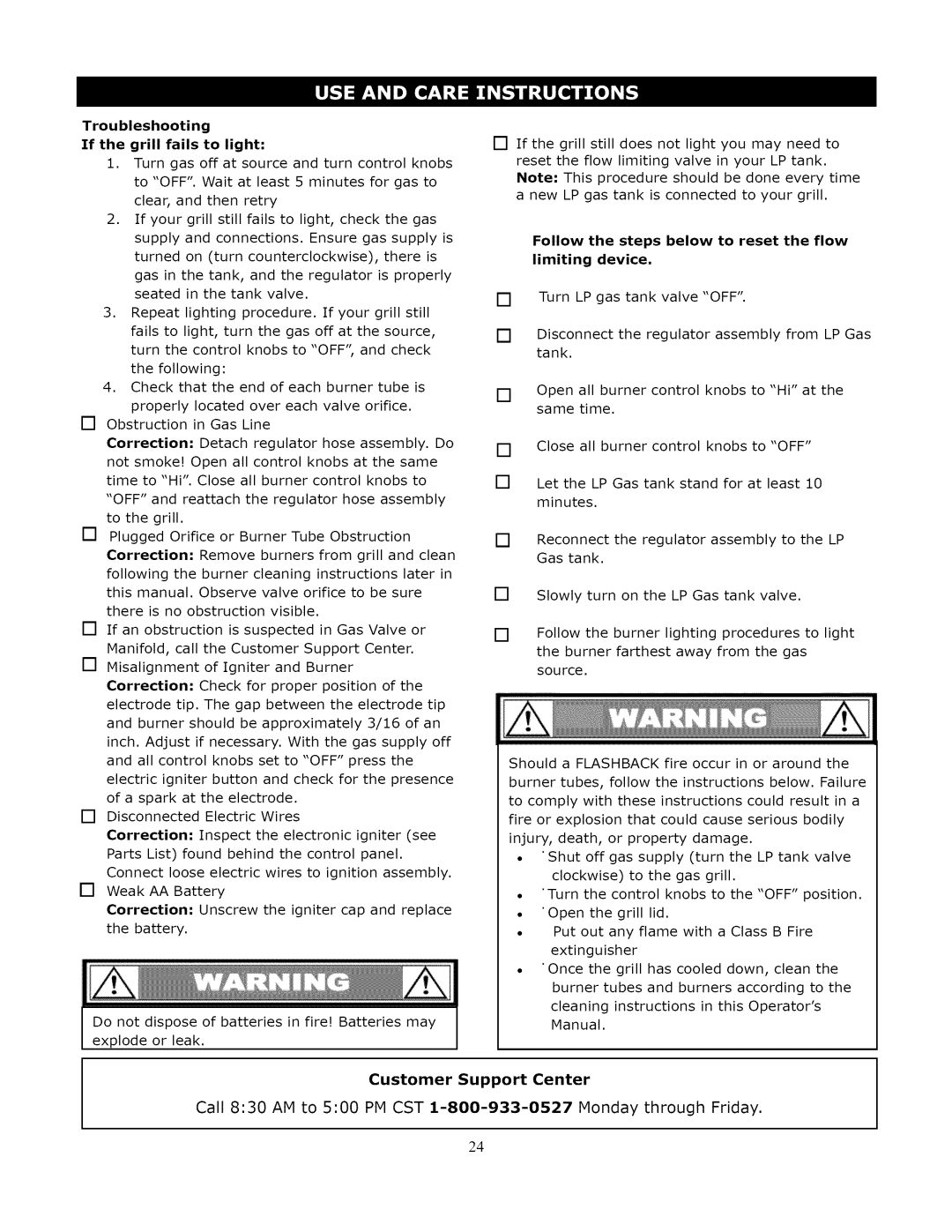 Kenmore 119.1643301 Troubleshooting If the grill fails to light, Follow the steps below to reset the flow Limiting device 