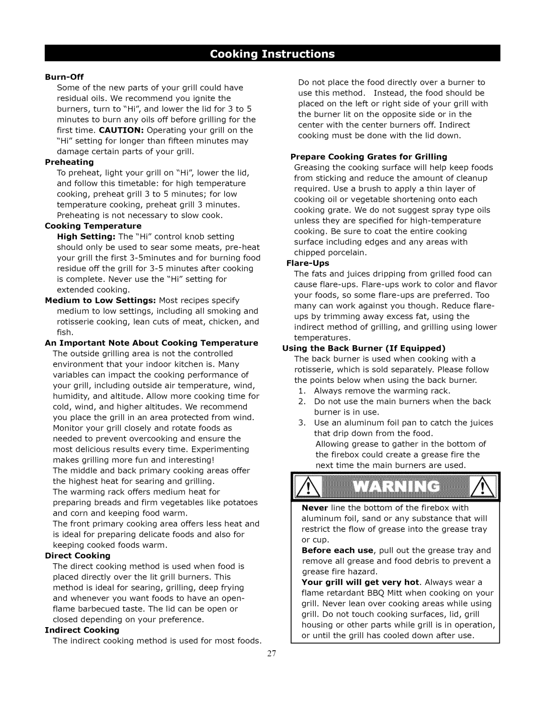 Kenmore 119.1643301 manual Burn-Off, Preheating, An Important Note About Cooking Temperature, Direct Cooking, Flare-Ups 