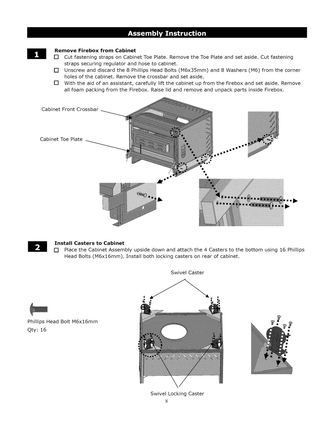 Kenmore 119.1643301 manual Remove Firebox from Cabinet, Install Casters to Cabinet 