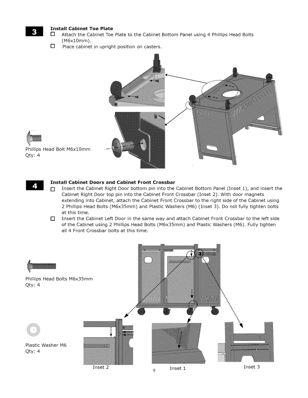 Kenmore 119.1643301 manual Toe Plate, Install Cabinet Doors and Cabinet Front Crossbar 