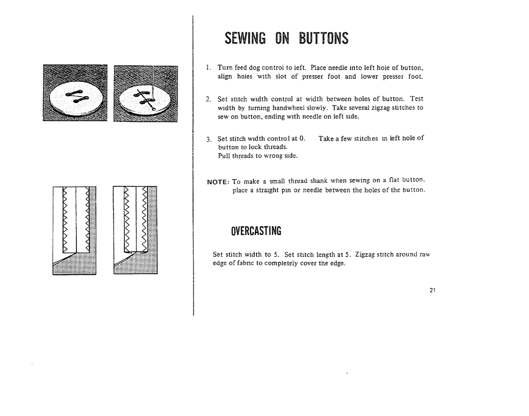 Kenmore 1206, 1300 manual Sewingon Buttons, Overcasting 