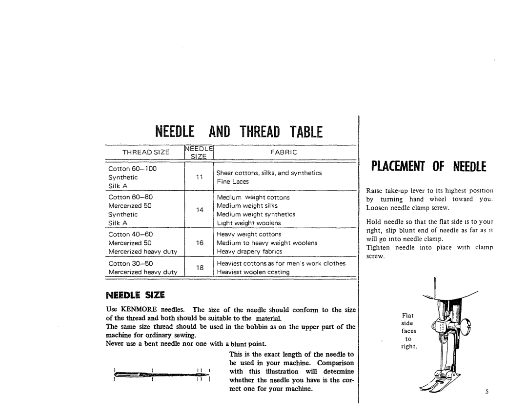 Kenmore 1206, 1300 manual Needle Threadtable, Synthetic Silk a Cotton 