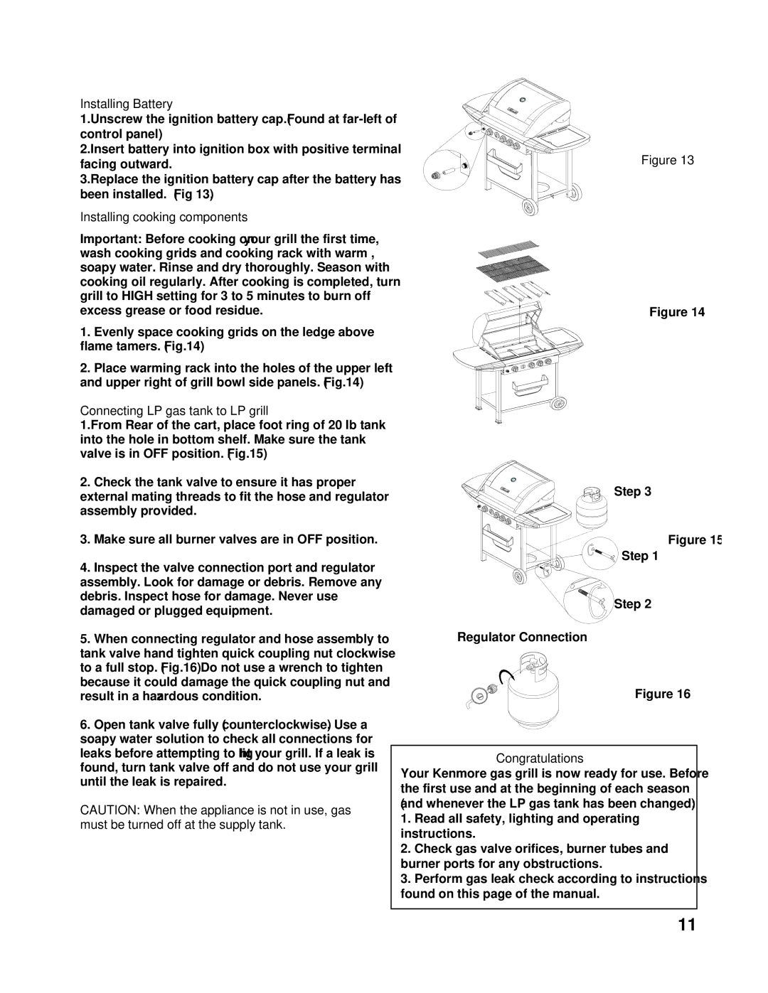 Kenmore 122.16118 Installing Battery, Installing cooking components, Connecting LP gas tank to LP grill, Congratulations 