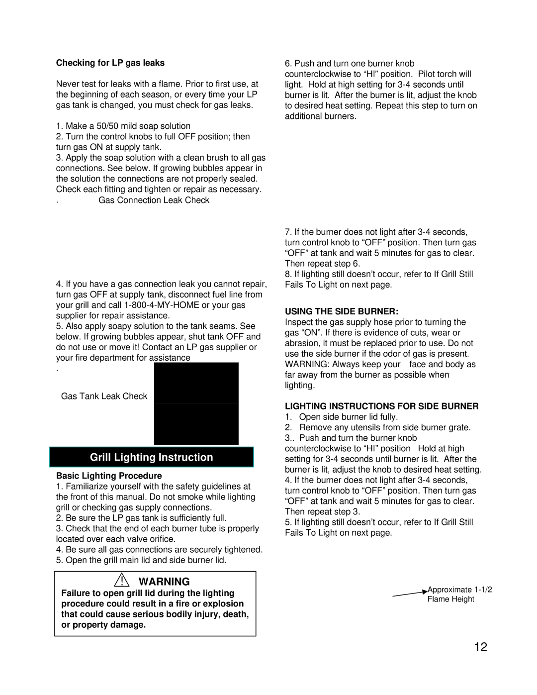 Kenmore 122.16118 owner manual Grill Lighting Instruction, Checking for LP gas leaks, Basic Lighting Procedure 