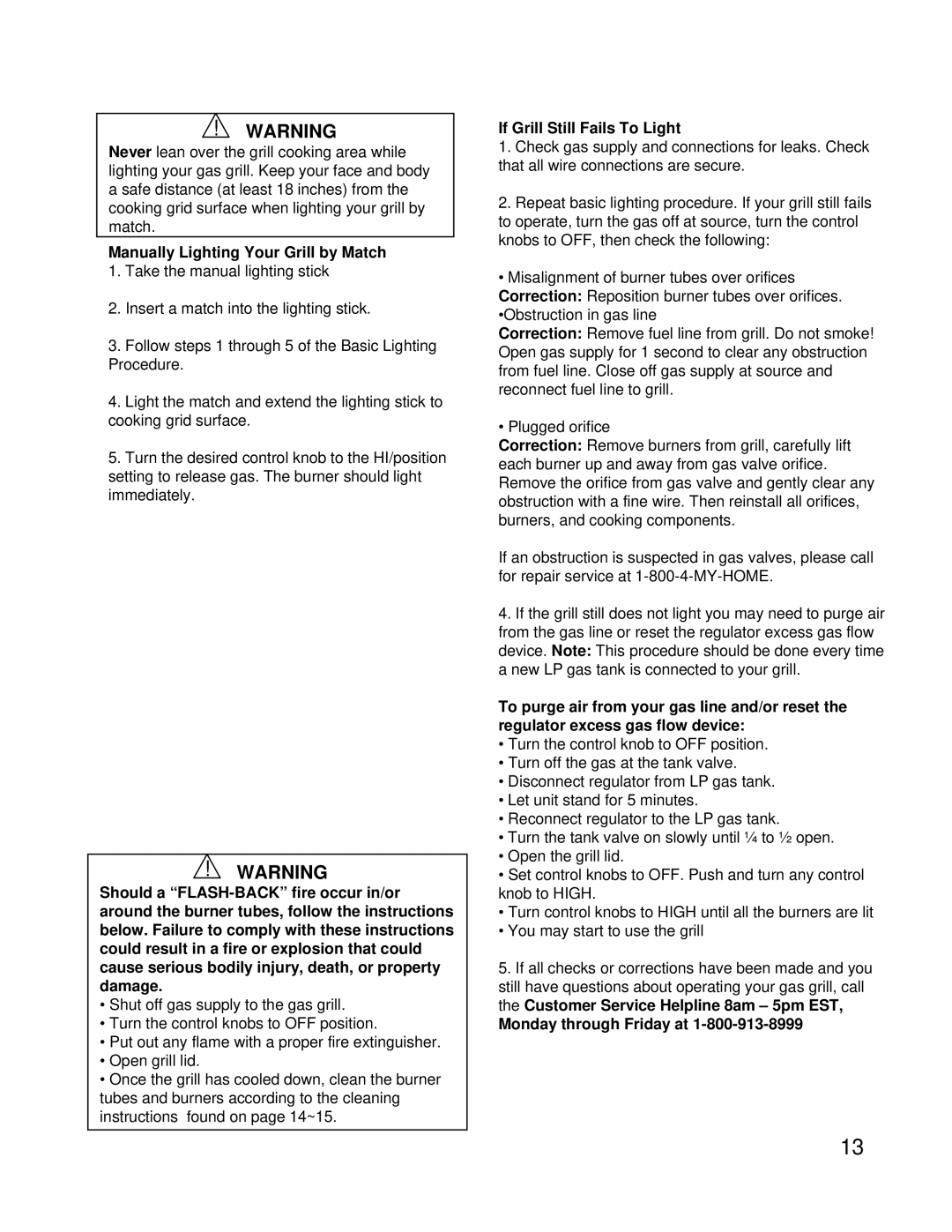 Kenmore 122.16118 Manually Lighting Your Grill by Match, If Grill Still Fails To Light, Monday through Friday at 