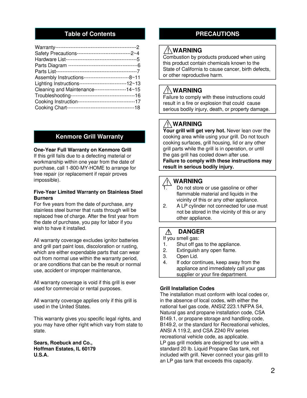 Kenmore 122.16118 owner manual Table of Contents, Kenmore Grill Warranty 