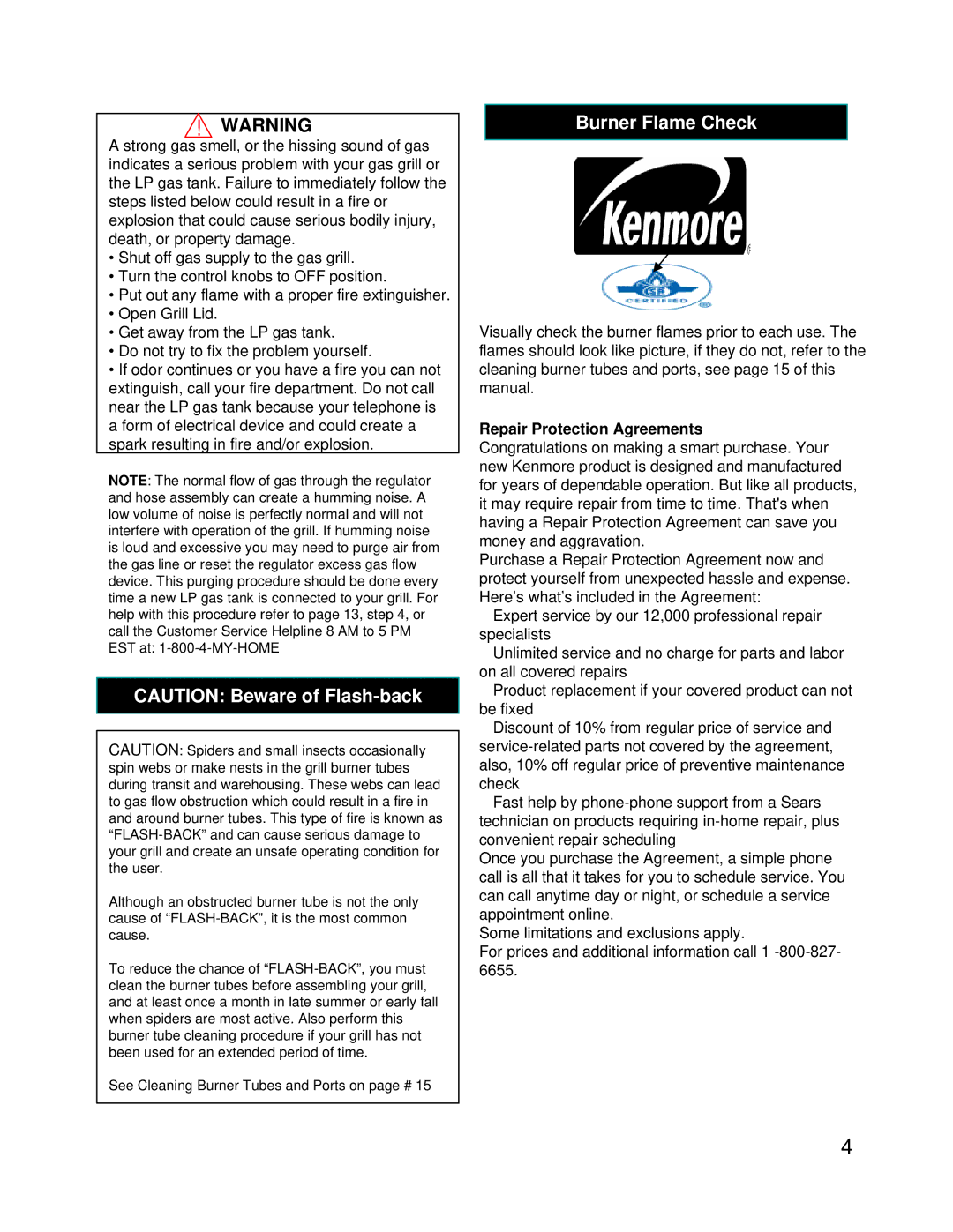 Kenmore 122.16118 owner manual Burner Flame Check, Repair Protection Agreements 