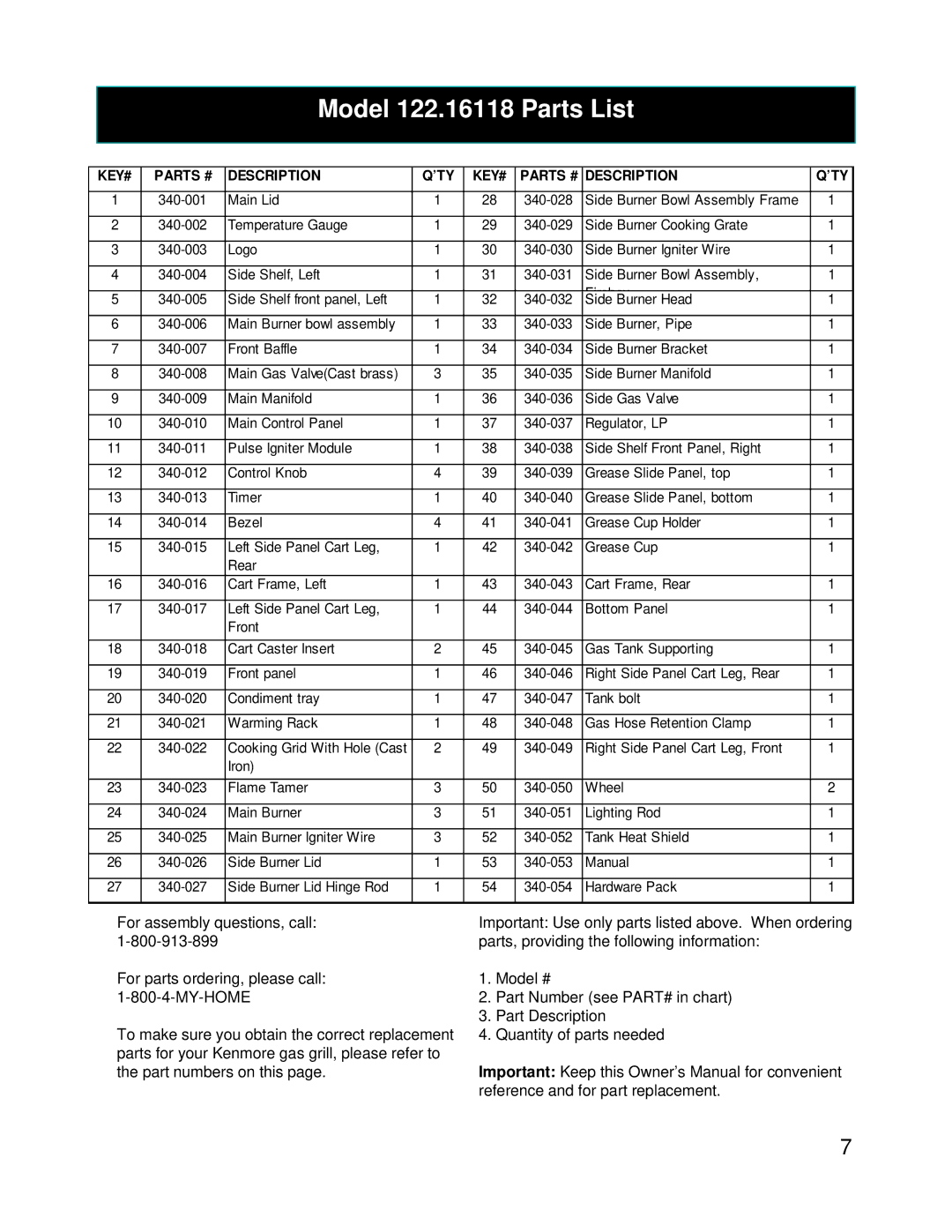 Kenmore owner manual Model 122.16118 Parts List 