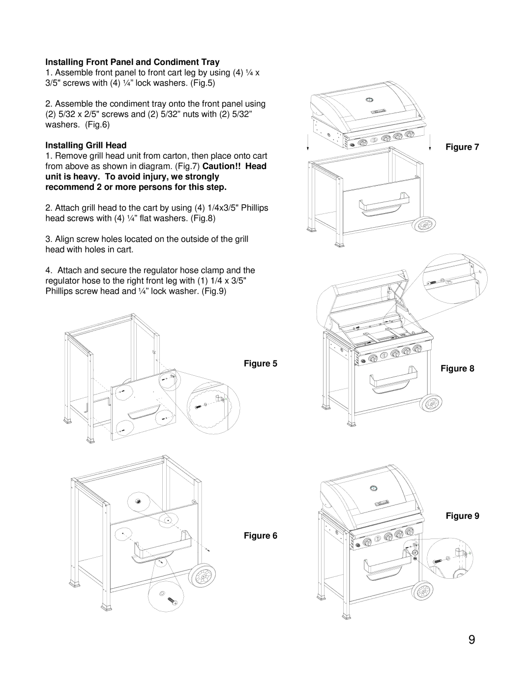 Kenmore 122.16118 owner manual Installing Front Panel and Condiment Tray, Installing Grill Head 