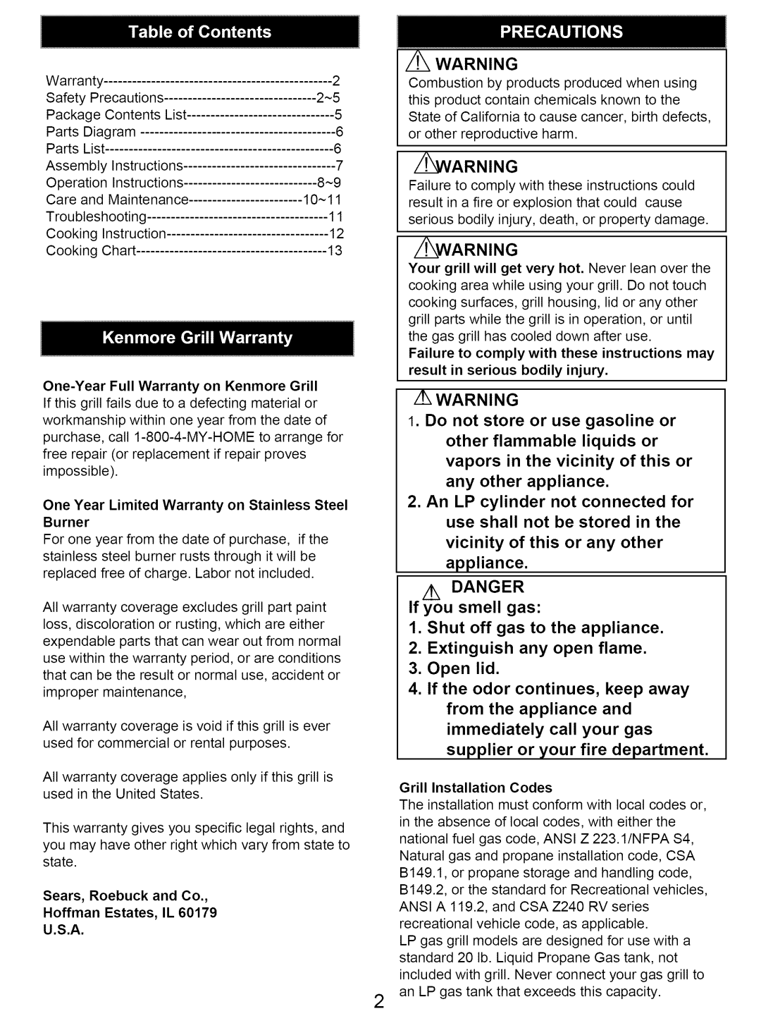 Kenmore 122.161249 owner manual Izarning, One Year Limited Warranty on Stainless Steel Burner, Grill Installation Codes 