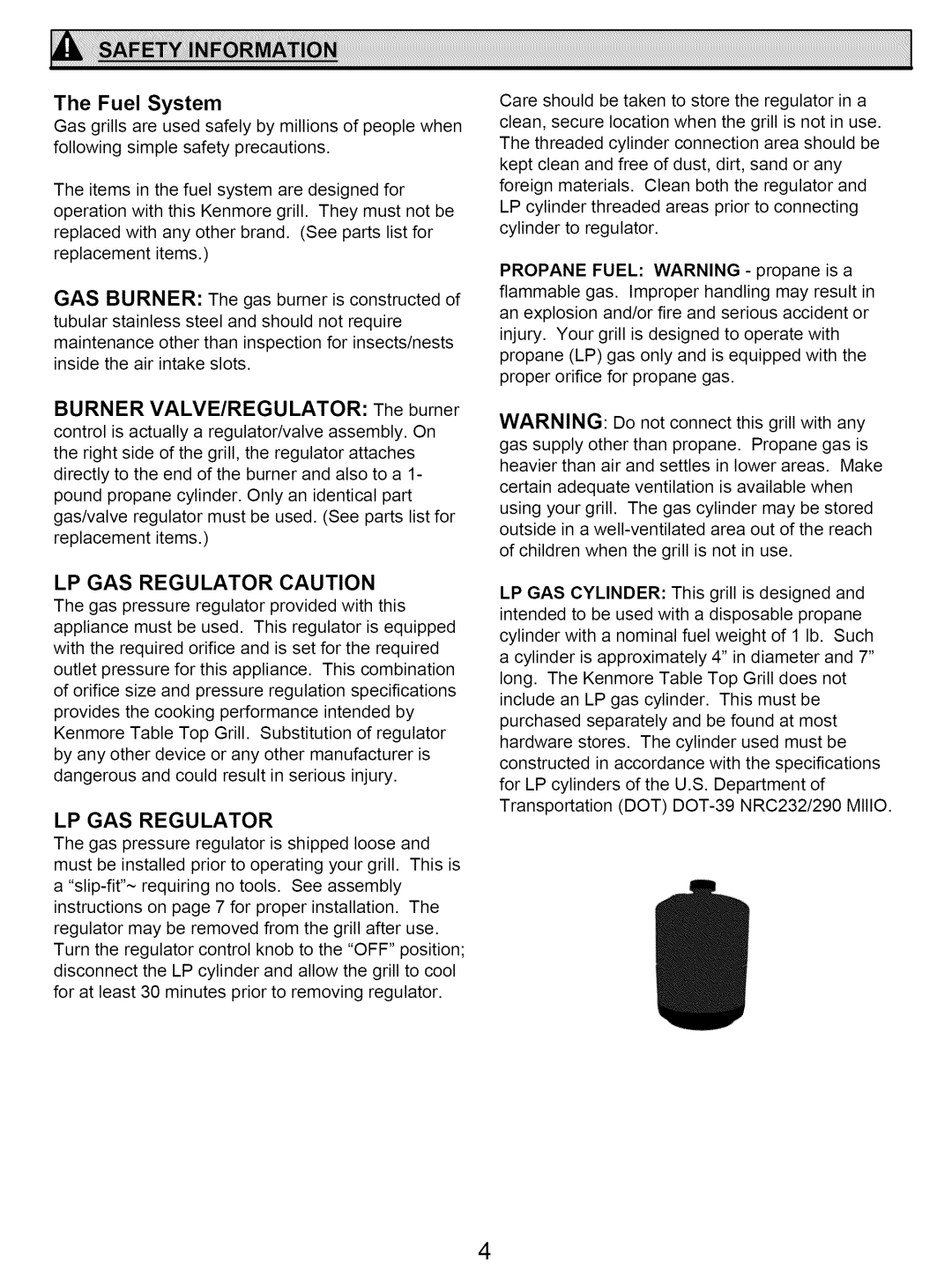 Kenmore 122.161249 owner manual LP GAS Regulator Caution 