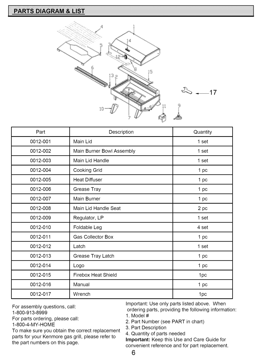 Kenmore 122.161249 owner manual Part Description Quantity 