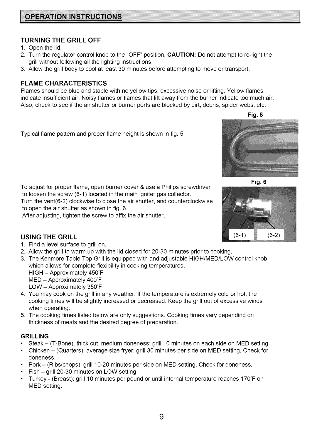 Kenmore 122.161249 owner manual Turning the Grill OFF 