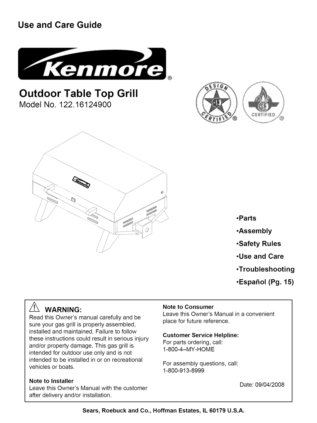 Kenmore 122.161249 owner manual Outdoor Table Top Grill, Use and Care Guide, z WARNING, Parts, Note to Installer 