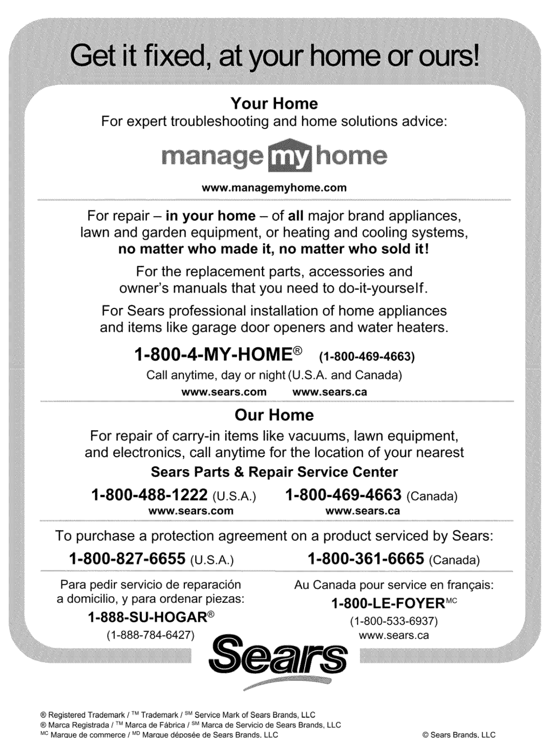 Kenmore 122.161249 owner manual My-Home, ÷anage, Your Home 