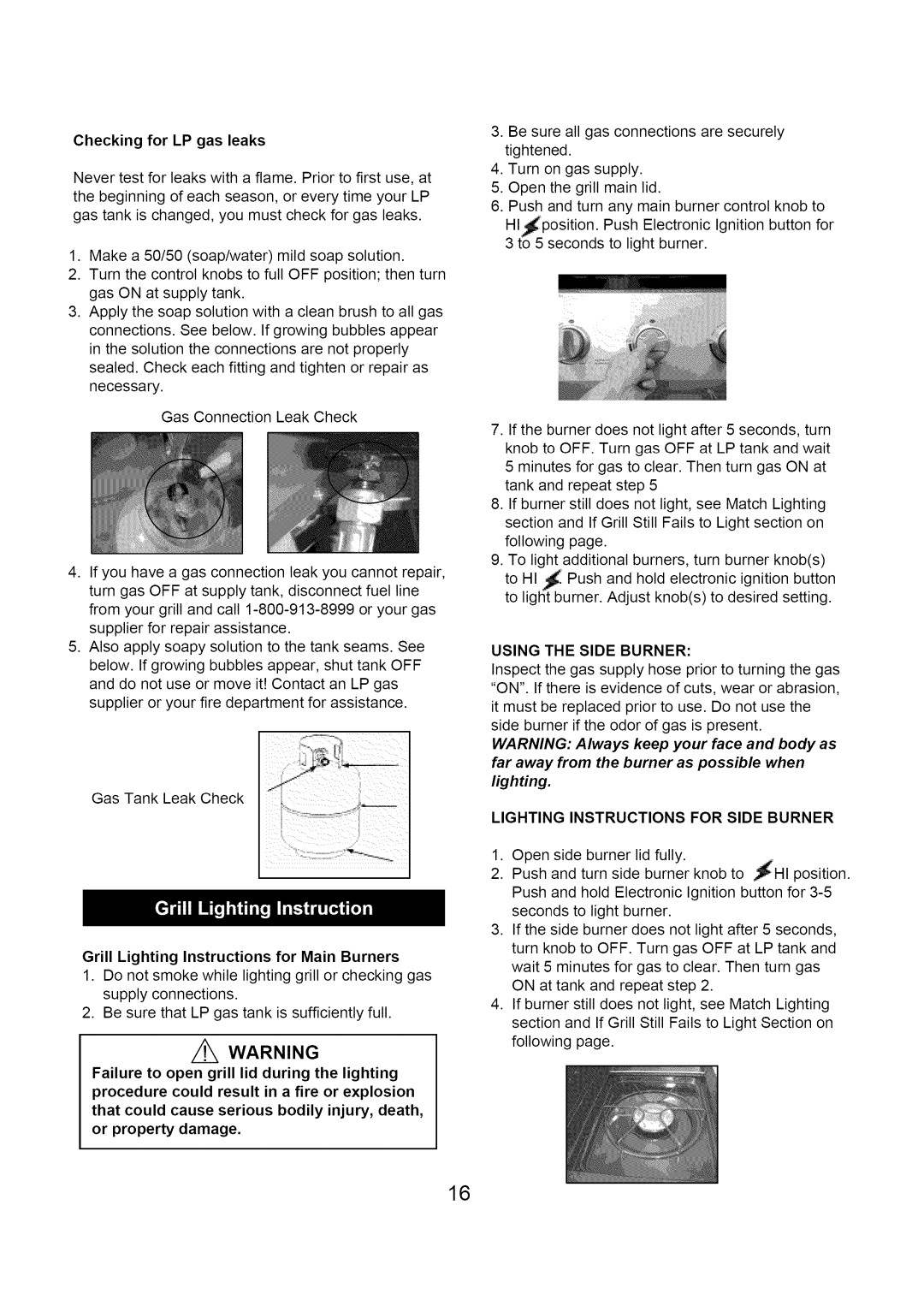 Kenmore 122.1613411 manual Checking for LP gas leaks, Grill Lighting Instructions for Main Burners 