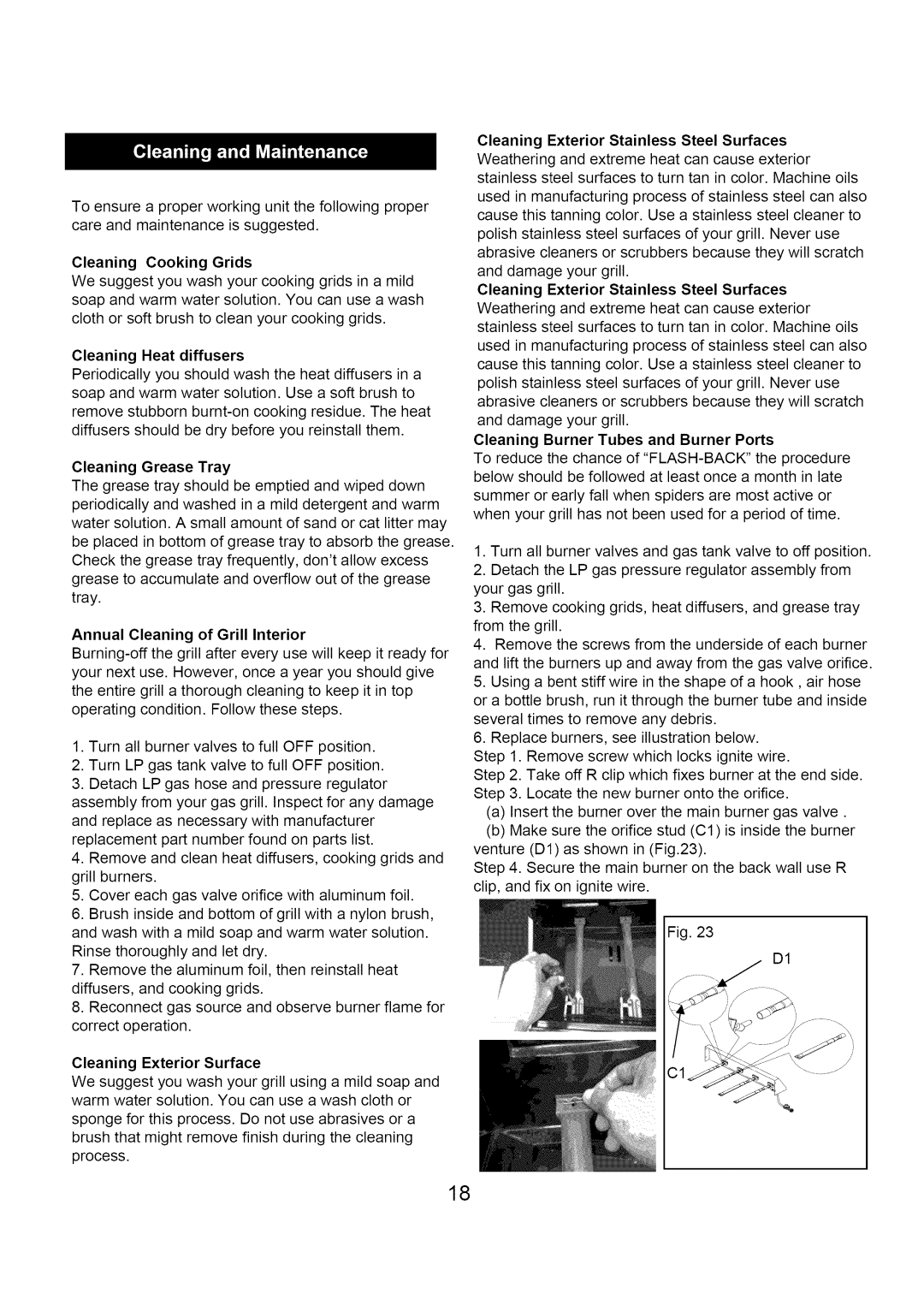 Kenmore 122.1613411 manual Annual Cleaning of Grill Interior, Cleaning Exterior Stainless Steel Surfaces 