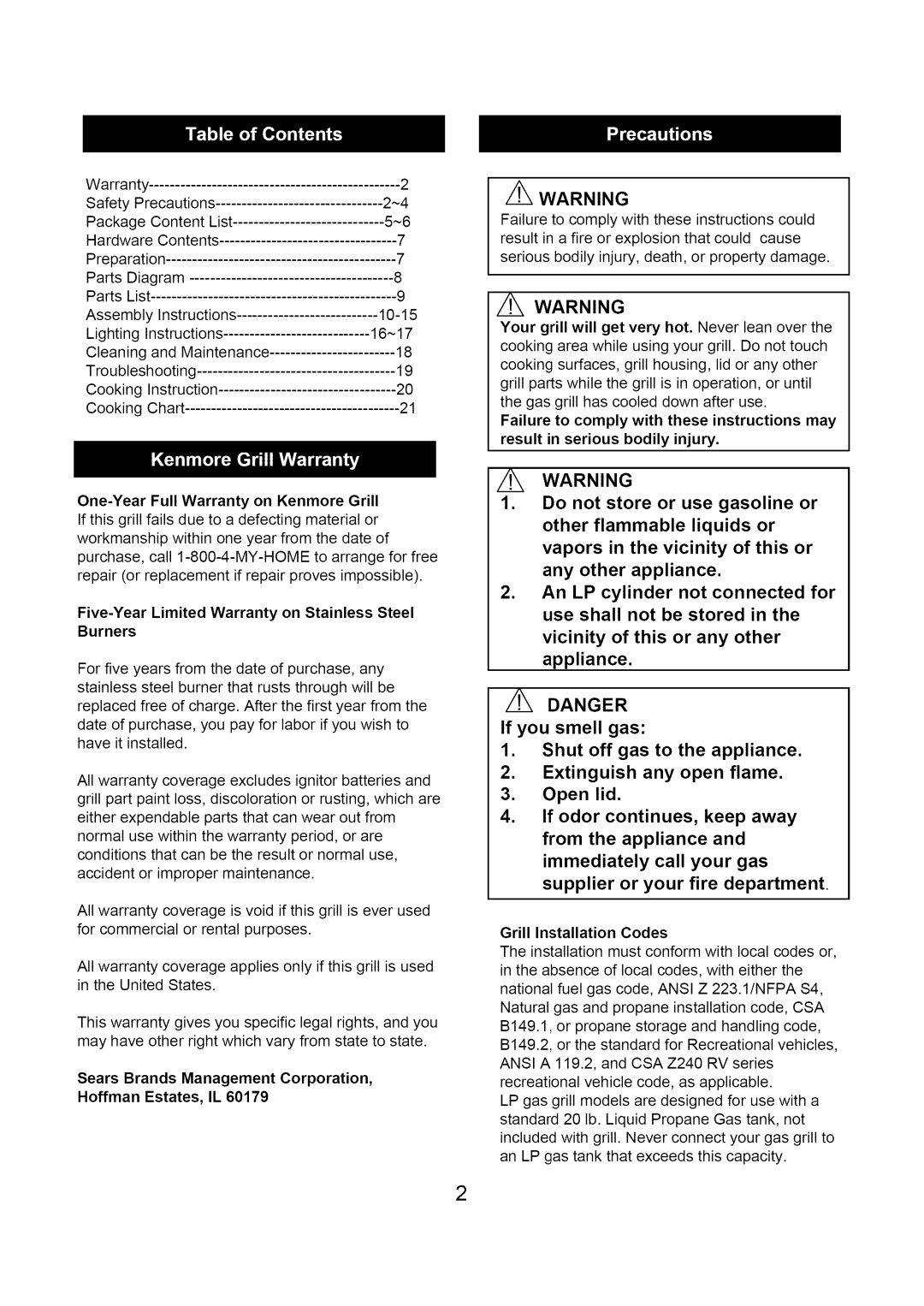 Kenmore 122.1613411 manual Sears Brands Management Corporation, Hoffman Estates, IL, Grill Installation Codes 