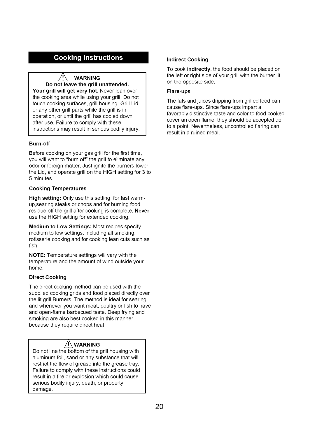 Kenmore 122.1613411 manual Cooking Temperatures, Direct Cooking, Indirect Cooking, Flare-ups 