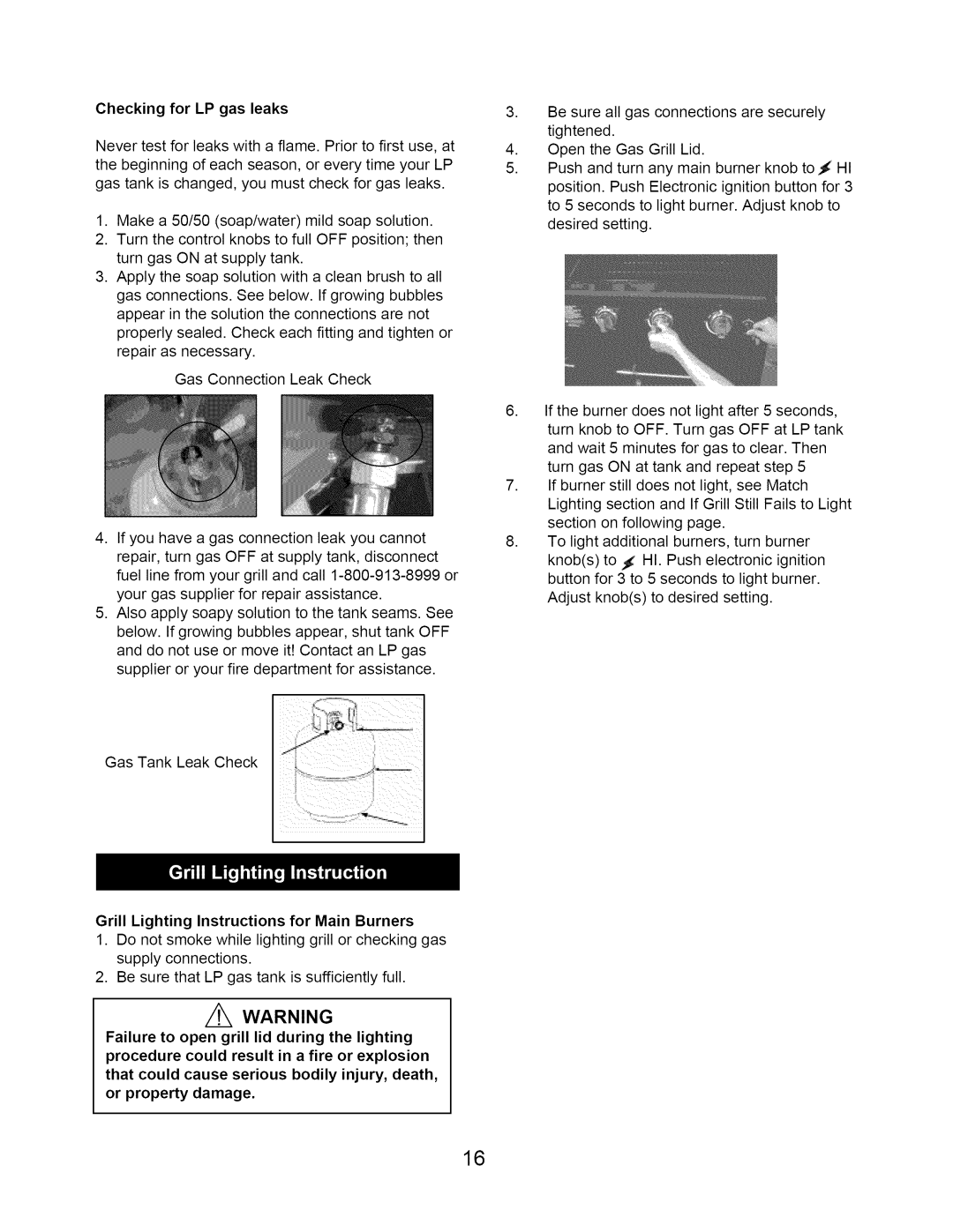 Kenmore 122.1643101 manual Checking for LP gas leaks, Grill Lighting Instructions for Main Burners 