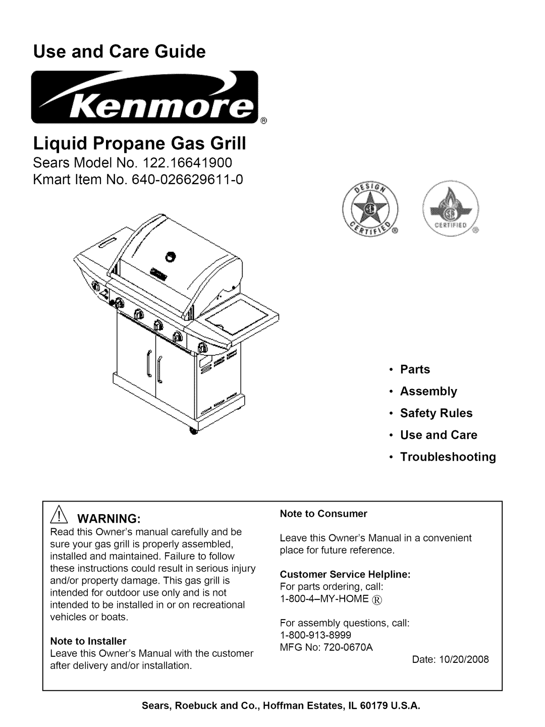 Kenmore 122.16641900 owner manual Customer Service Helpline, Sears, Roebuck and Co., Hoffman Estates, IL 60179 U.S.A 