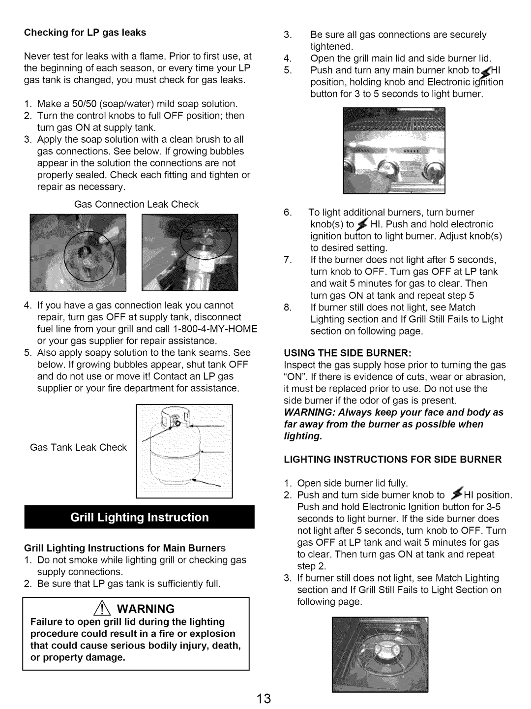 Kenmore 122.16641900 owner manual Checking for LP gas leaks, Grill Lighting Instructions for Main Burners 