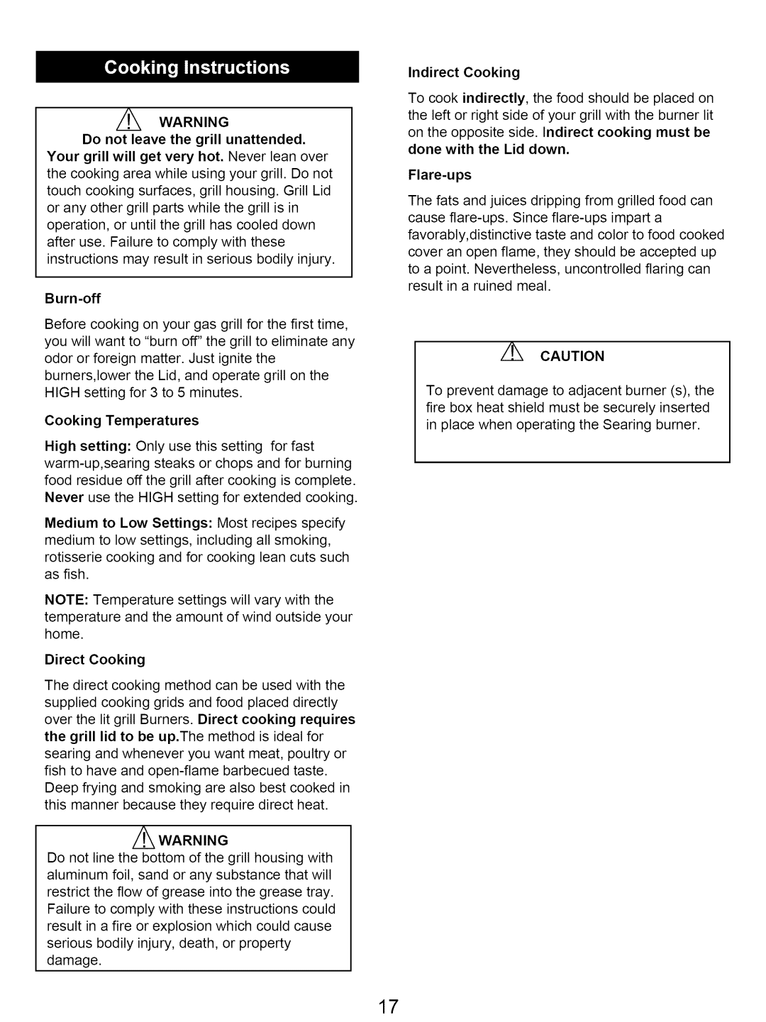 Kenmore 122.16641900 owner manual Indirect Cooking, Flare-ups 