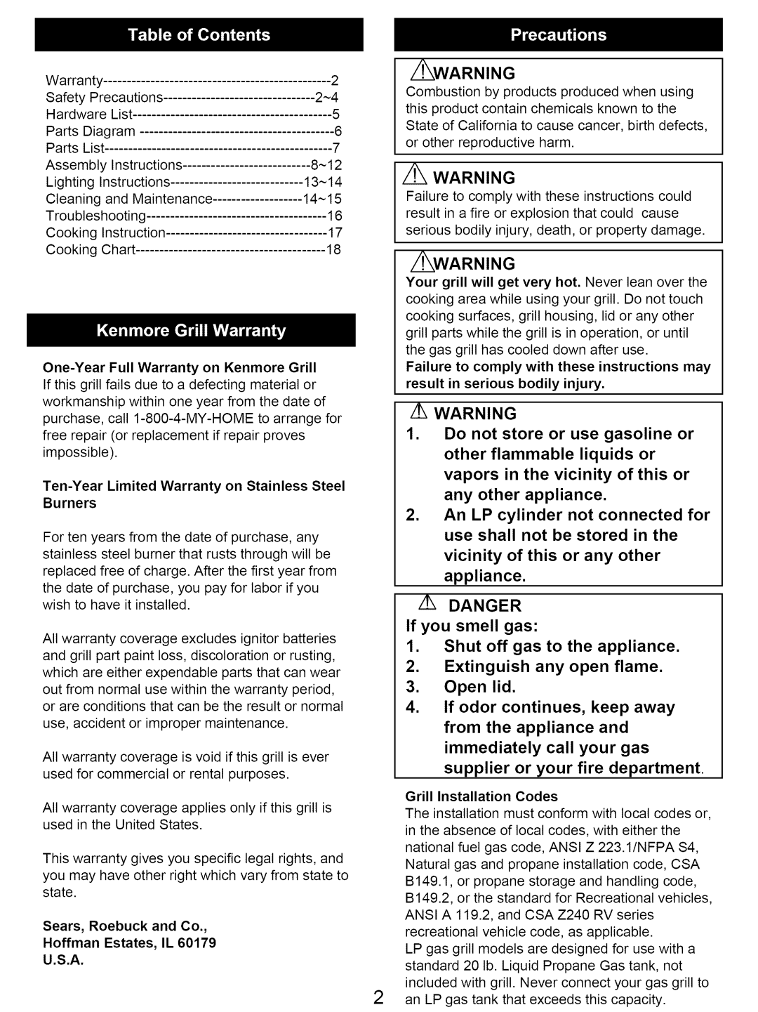 Kenmore 122.16641900 owner manual Sears, Roebuck and Co Hoffman Estates, IL, Grill Installation Codes 