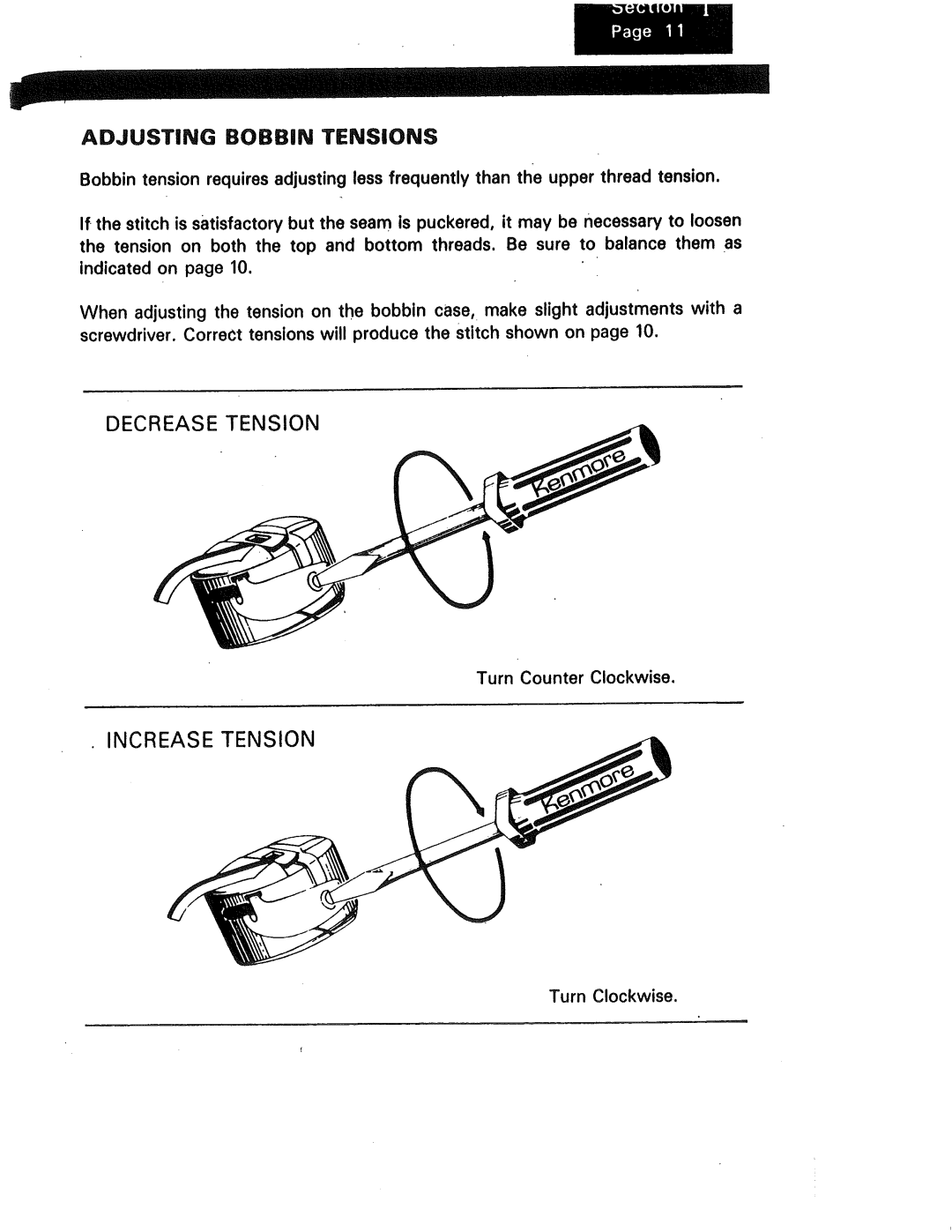 Kenmore 1230, 1240, 1250 manual Increase Tension, Adjusting Bobbin Tensions 