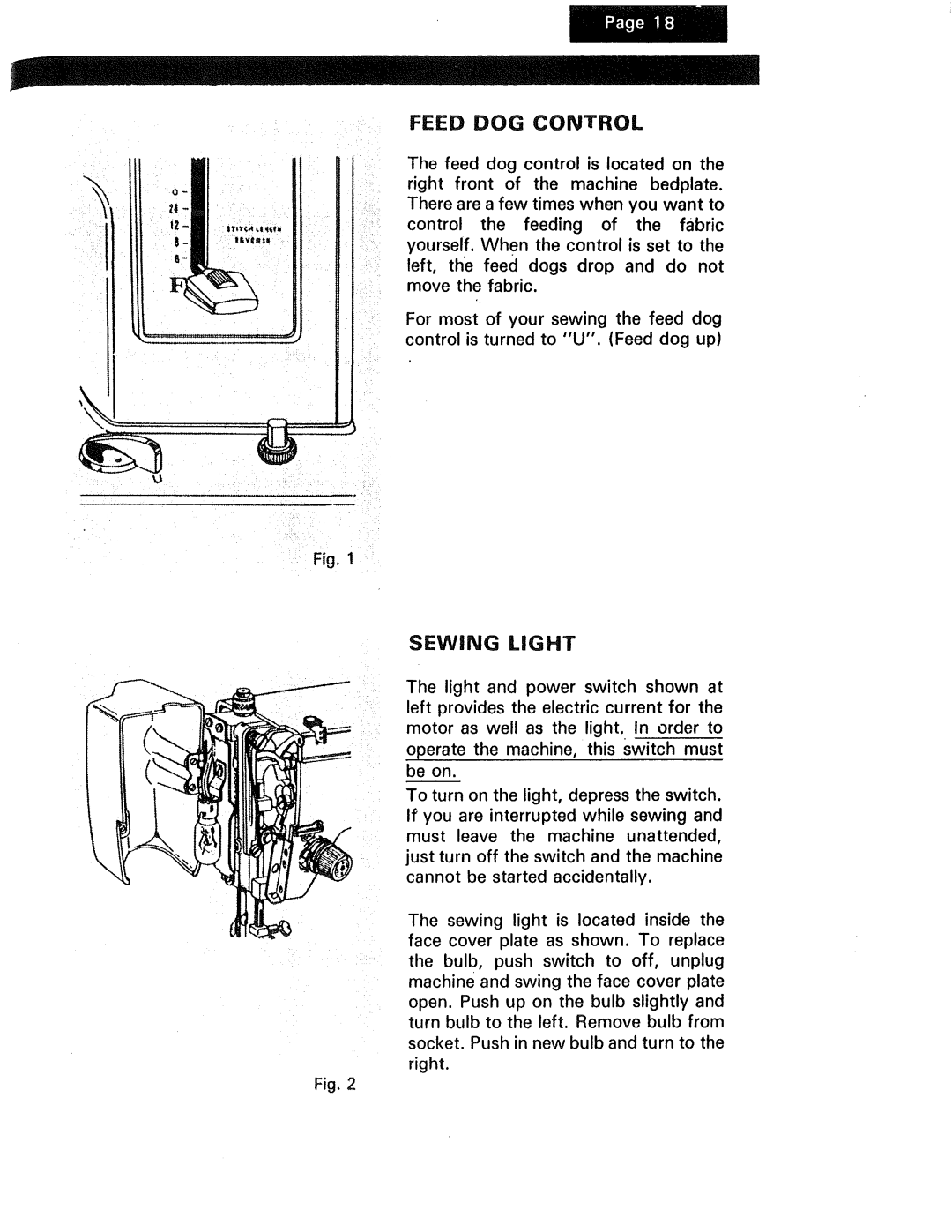 Kenmore 1250, 1230, 1240 manual Feed DOG Control, Sewing Light 