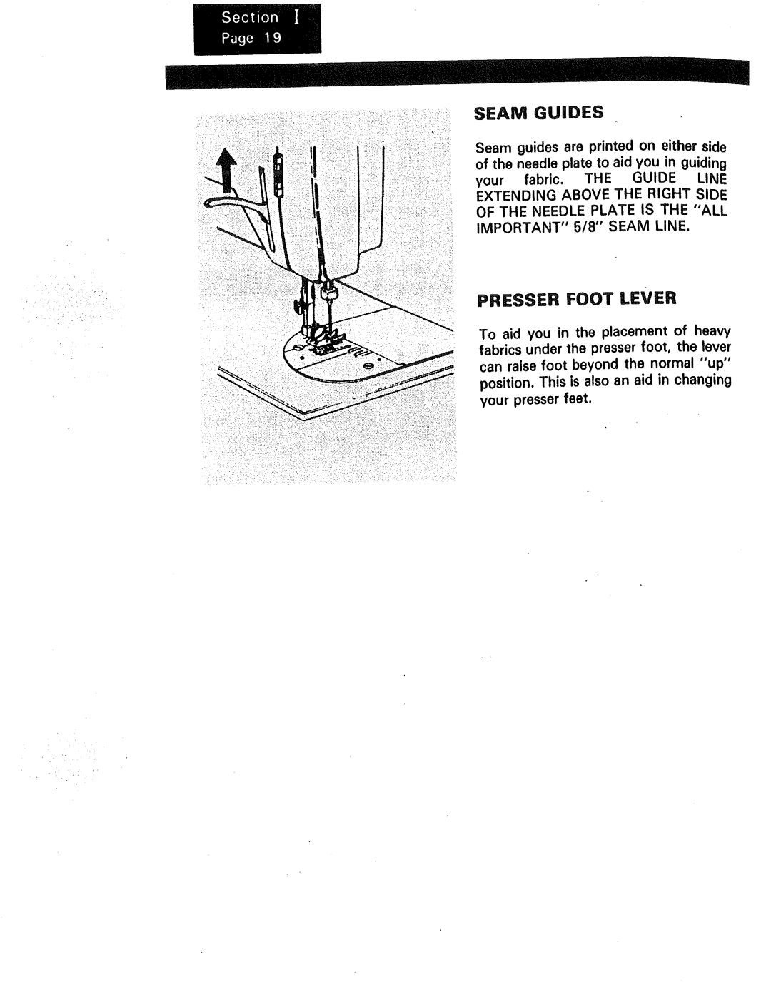 Kenmore 1230, 1240, 1250 manual Presser Foot Lever, Seam Guides 