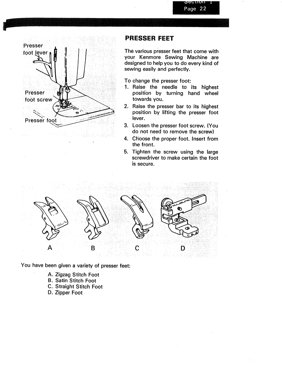 Kenmore 1230, 1240, 1250 manual Presser Feet, Presser Foot lever 