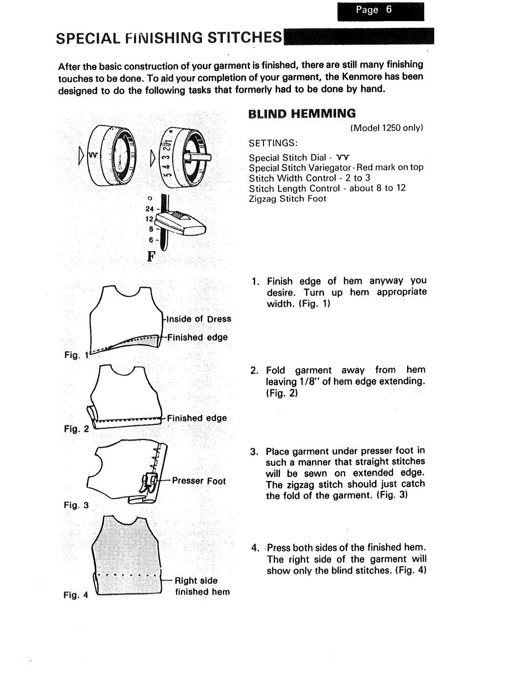 Kenmore 1230, 1240, 1250 manual Special Finishing Stitches, Blind Hemming 