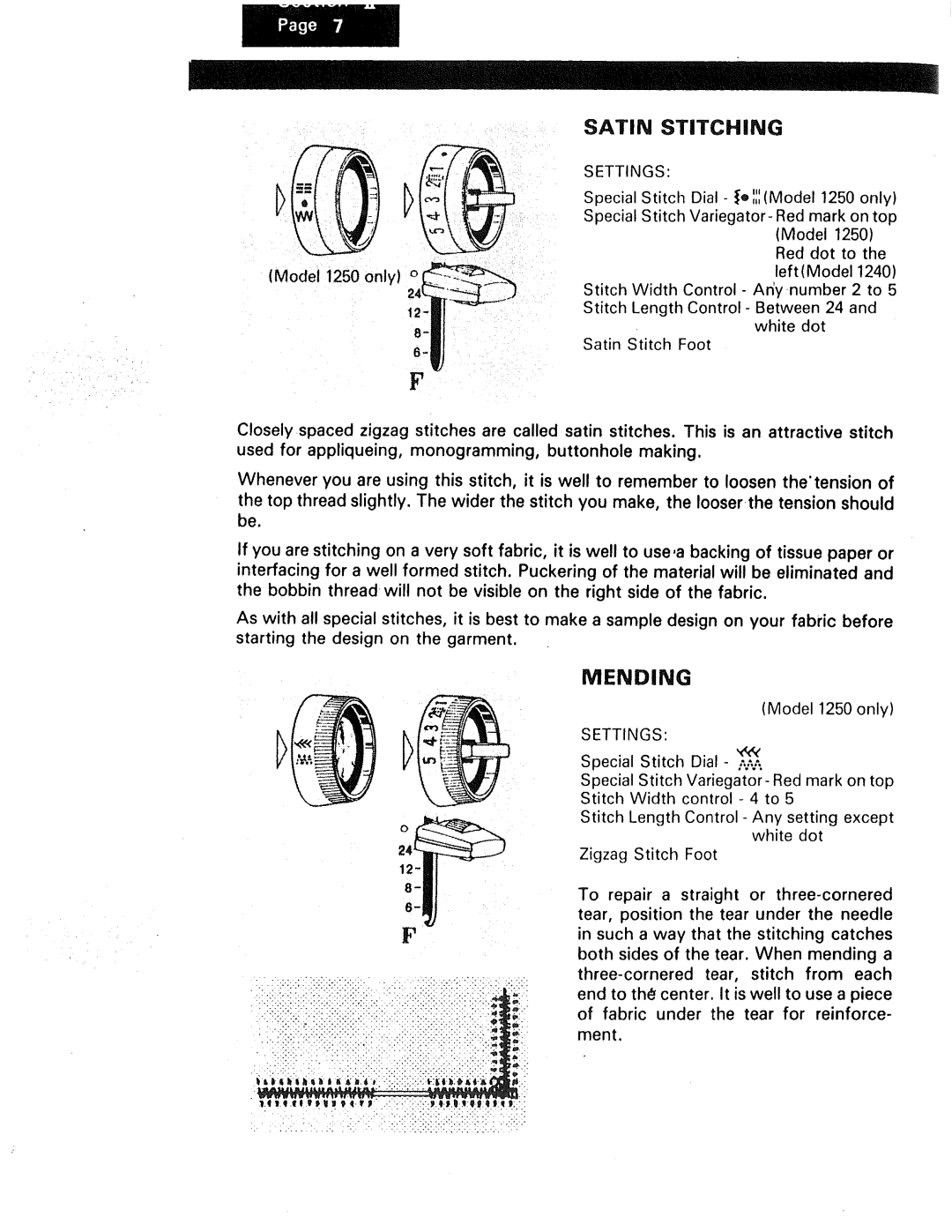 Kenmore 1240, 1230, 1250 manual Mending, Satin Stitching 