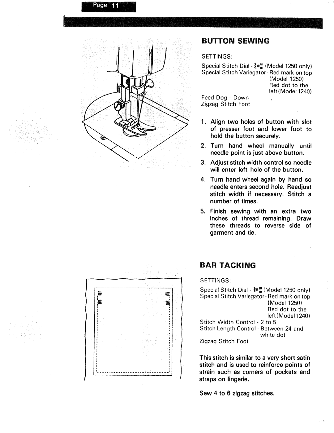 Kenmore 1250, 1230, 1240 manual Button Sewing, BAR Tacking 