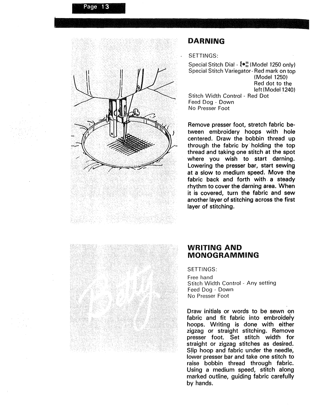 Kenmore 1240, 1230, 1250 manual Darning, Writing Monogramming 